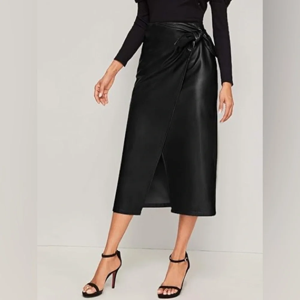 SweatyRocks Elegant High Waist Knot Side Wrap PU Leather Midi Skirt Black